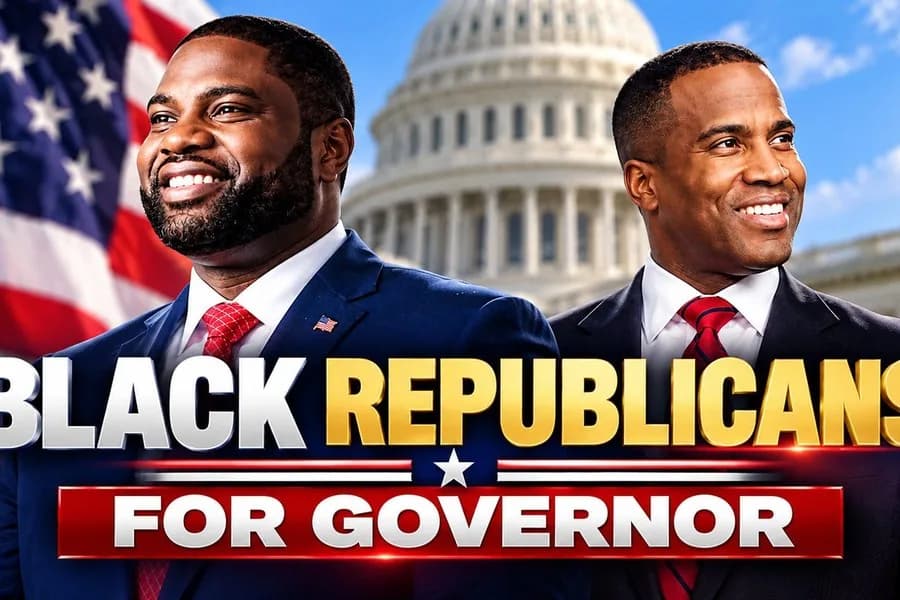 Editorial graphic featuring Black Republican gubernatorial candidates Byron Donalds and John James