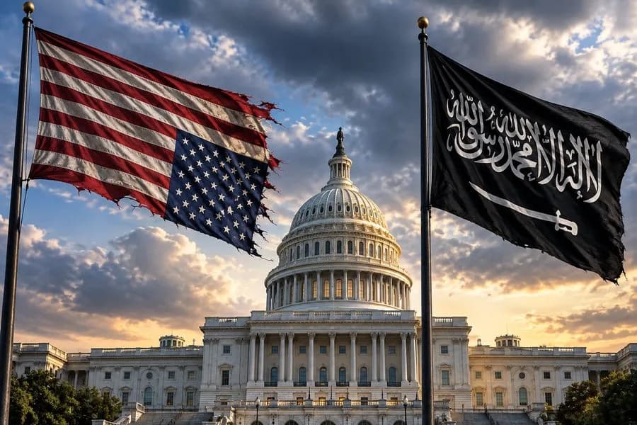U.S. Capitol beneath storm clouds, with an upside-down American flag and a black Islamic-style flag symbolizing concerns over America's political and cultural future.